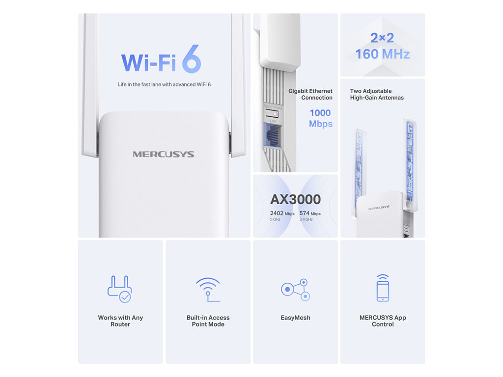 MERCUSYS ME80X Ripetitore Wi-Fi 6 AX3000Mbps,Dual-Band, Porta Gigabit